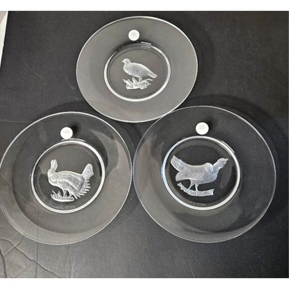 Val St Lambert Intaglio Cut Glass Game Birds 3 designs Belgian Crystal plates 8" - Picture 1 of 6